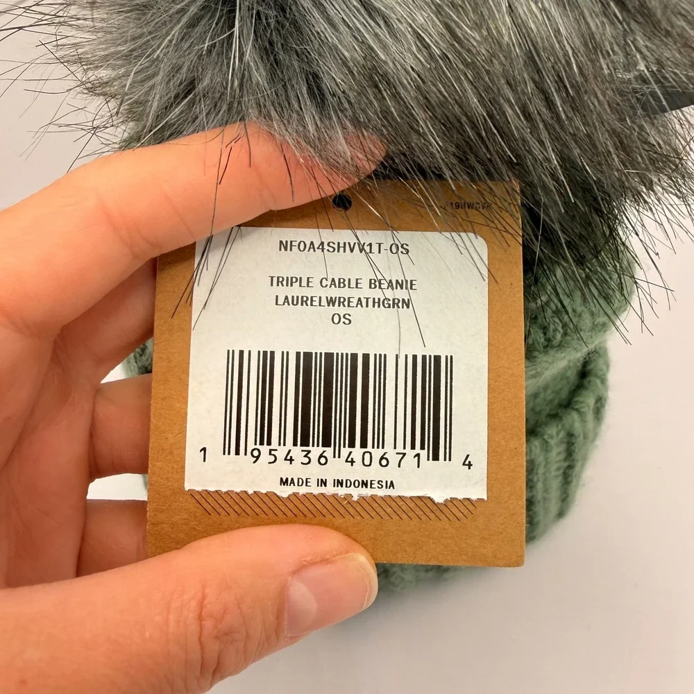 The North Face Kids Triple Cable Beanie Laurel Wreath Green Faux Fur Pom Pom‎